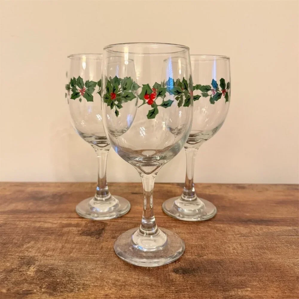 Vintage Holly Berry Wine Goblets Set of 3 Christmas Collection